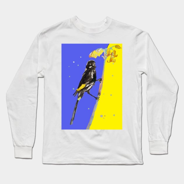 Australian Honeyeater Bird Painting - Navy and Yellow Long Sleeve T-Shirt by SarahRajkotwala